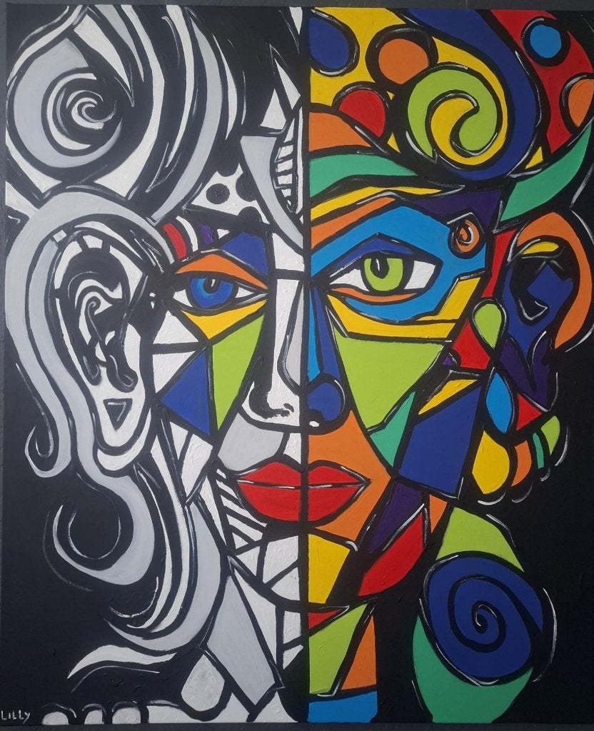 mens met 2 uitdrukkingen/lilly, Oorspronkelijke maker, Nieuw, Ophalen of Verzenden, Schilderij