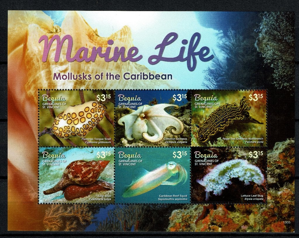 BEQUIA 2015 PF BLOK WEEKDIEREN ZEELEVEN INKTVISSEN ZEESLAK, Ophalen of Verzenden, Postfris, Dier of Natuur