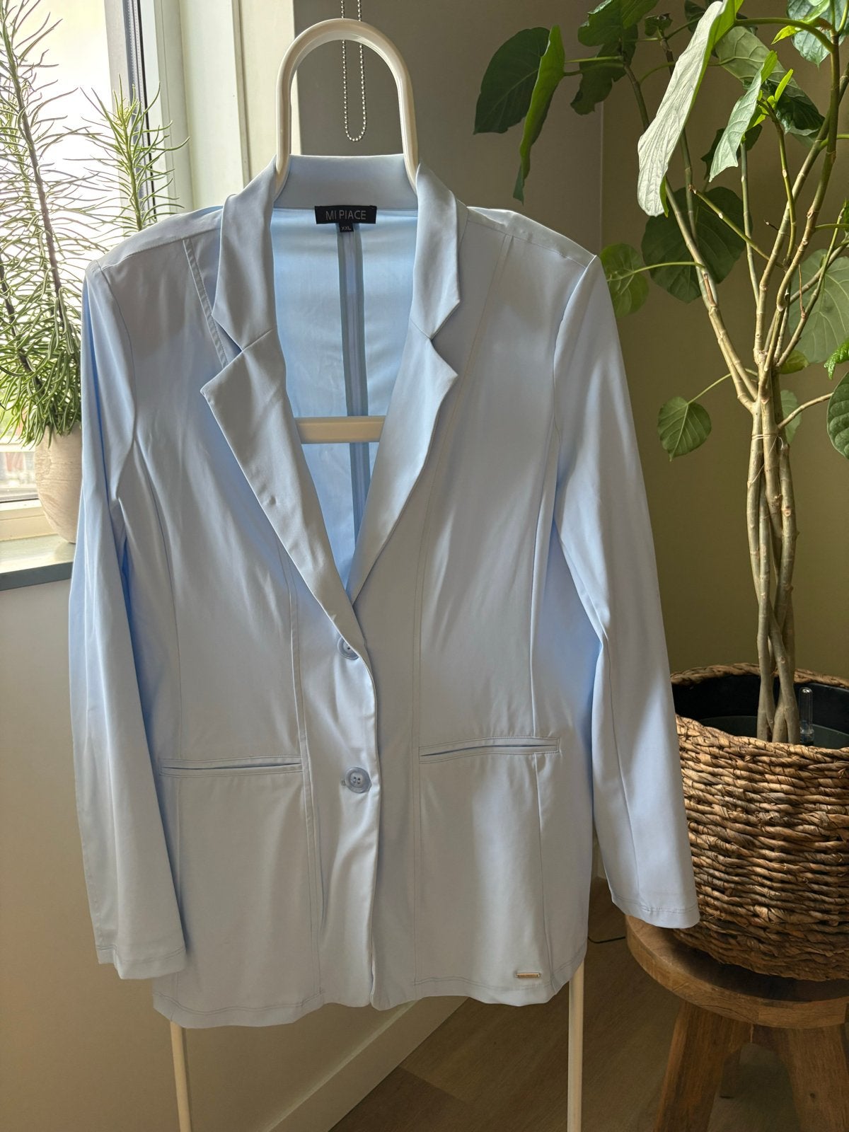 Mi Piace ijsblauwe lange travelstof blazer maat XXL, Mi Piace, Blauw, Maat 46/48 (XL) of groter, Ophalen of Verzenden