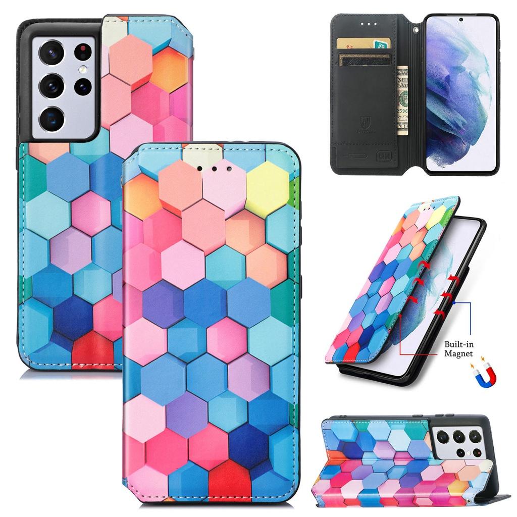 Luxe PU Lederen Wallet Case for Galaxy S21 Ultra _Honingraat, Verzenden, Nieuw, Hoesje of Tasje