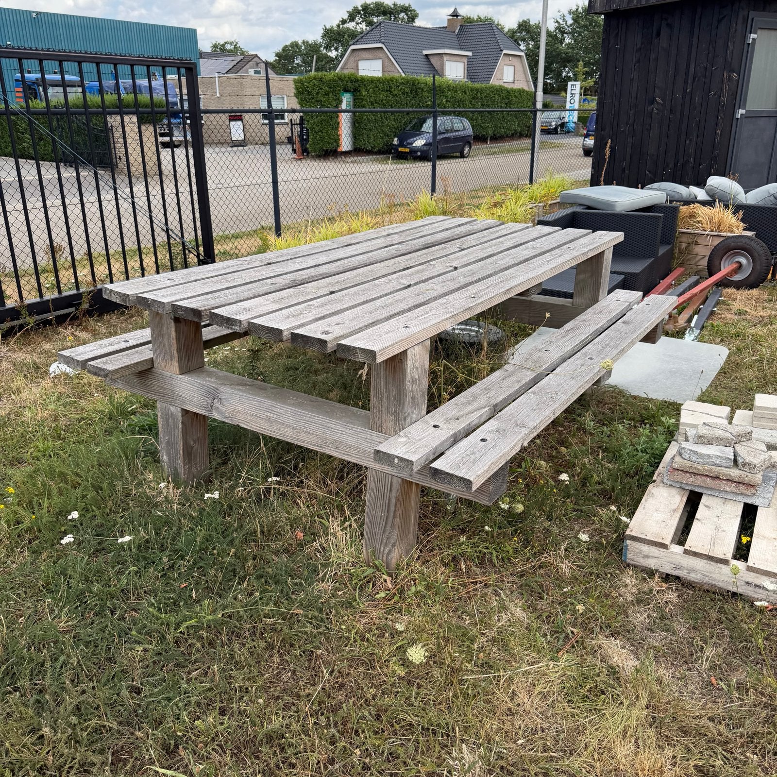 Robuuste houten picknicktafel 240x180 cm, Tuin en Terras, Ophalen of Verzenden, Gebruikt, Rechthoekig, Hout