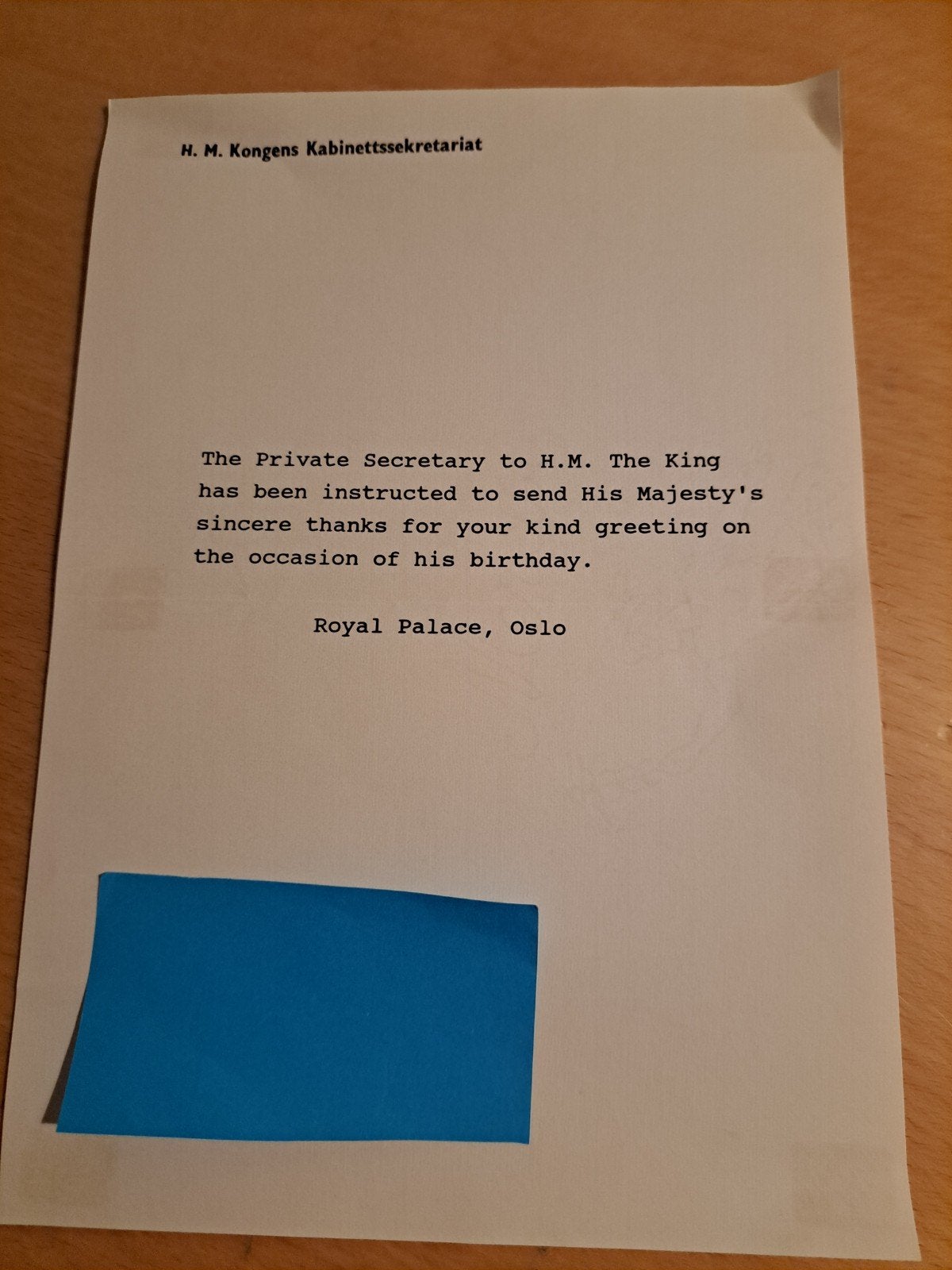 Bedankbrief van Noorse koning Harald uit 1992, Ophalen of Verzenden, Zo goed als nieuw
