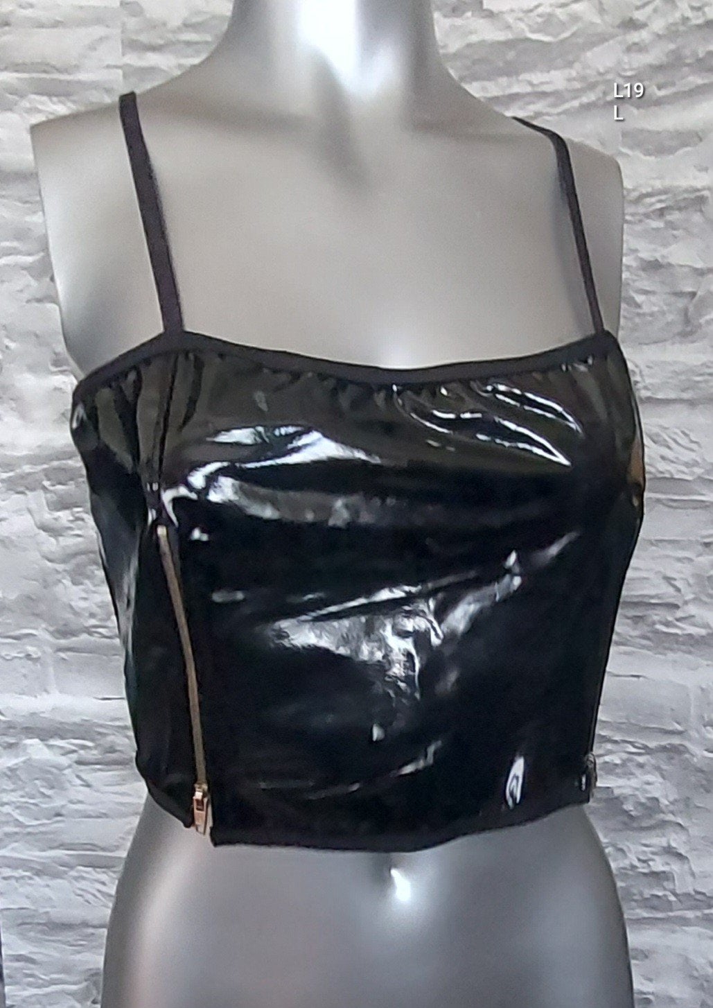 Kinky Zwarte lak korset top met rits en vetersluiting, Onbekend, Ophalen of Verzenden, Zwart, Body of Korset