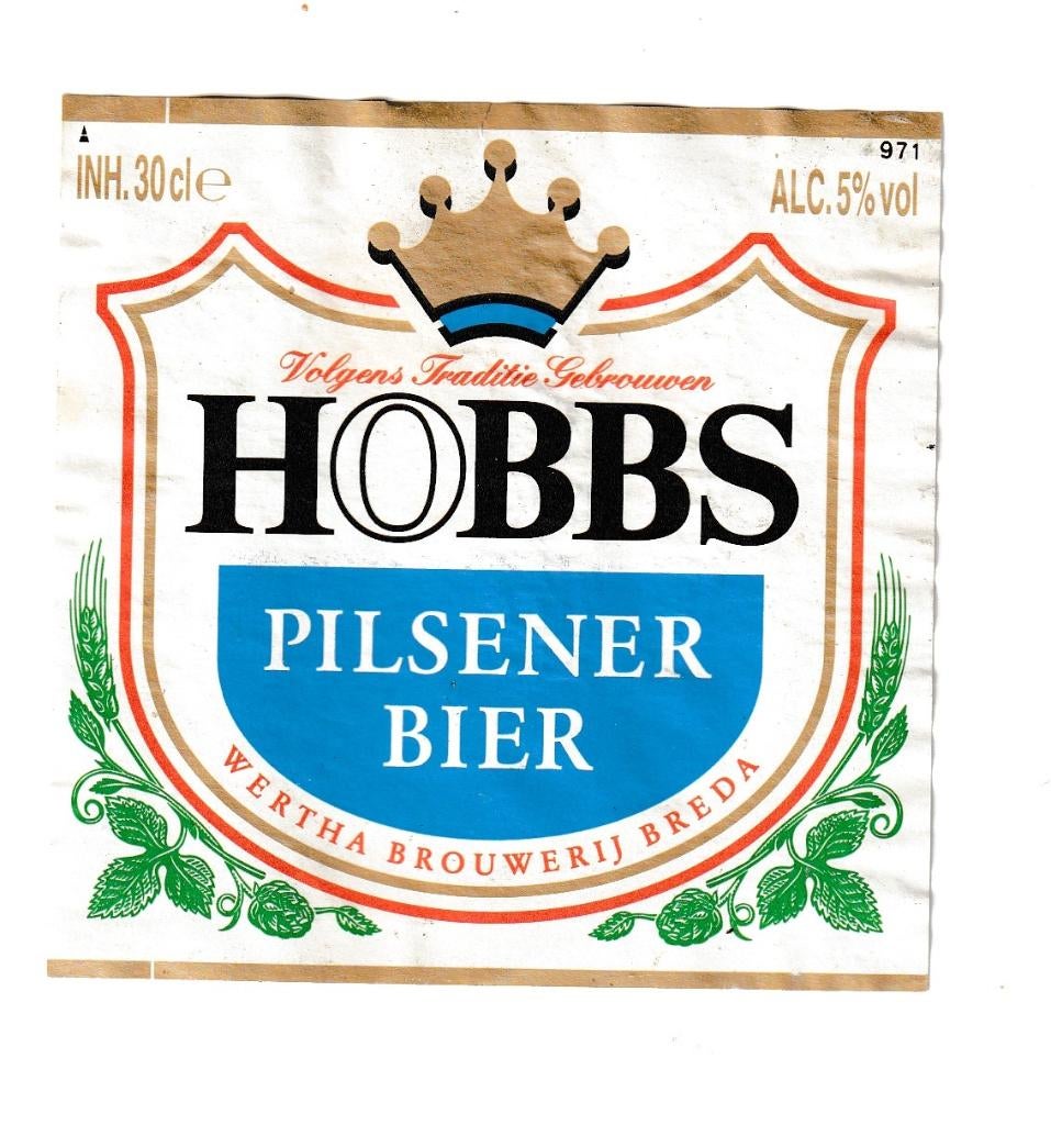 Bieretiket Hobbs Pilsener - Wertha Brouwerij (no 971), Verzamelen, Ophalen of Verzenden, Zo goed als nieuw, Overige typen, Overige merken