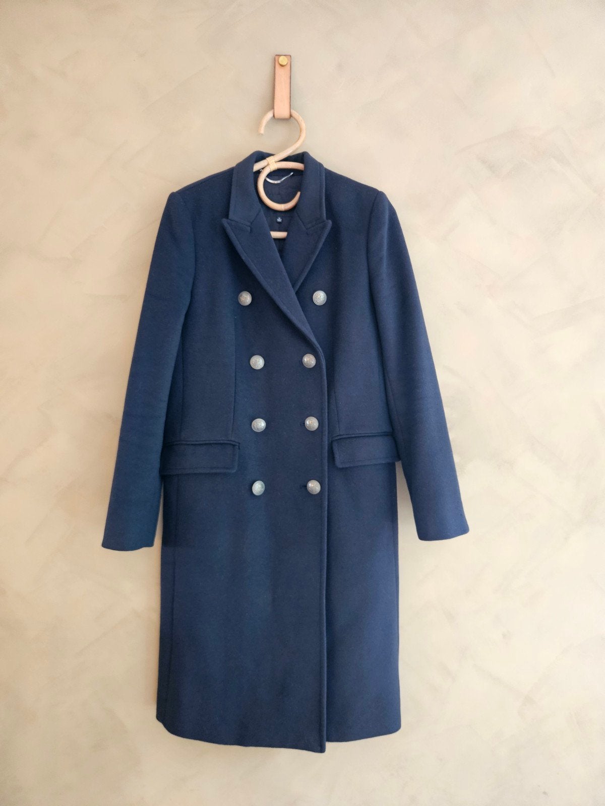 Donkerblauwe Babaton mantel / coat (XS) - Wol & Cashmere, Blauw, Ophalen of Verzenden, Zo goed als nieuw, Maat 34 (XS) of kleiner