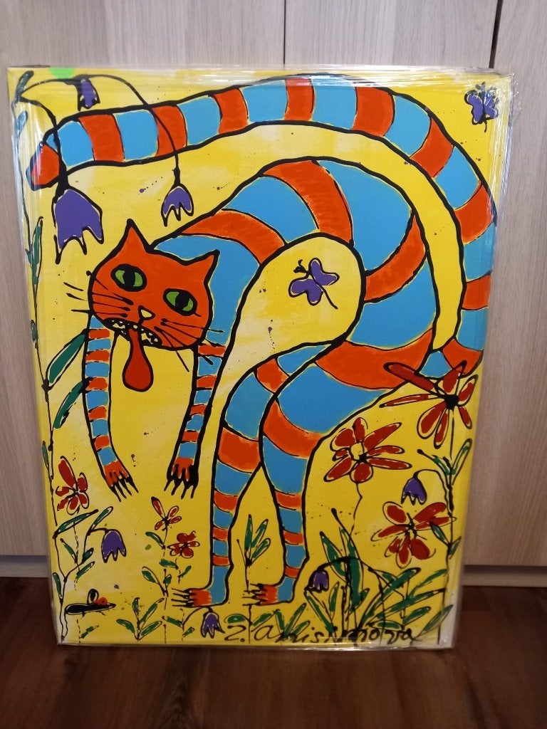 Kleurrijk canvas 'Crazy Cat' – Zina Anisimova, Antiek en Kunst, Ophalen