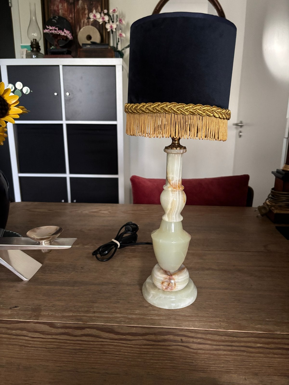 Onyx Marmeren Tafellamp met Navyblauw Velours Kapje, Ophalen of Verzenden