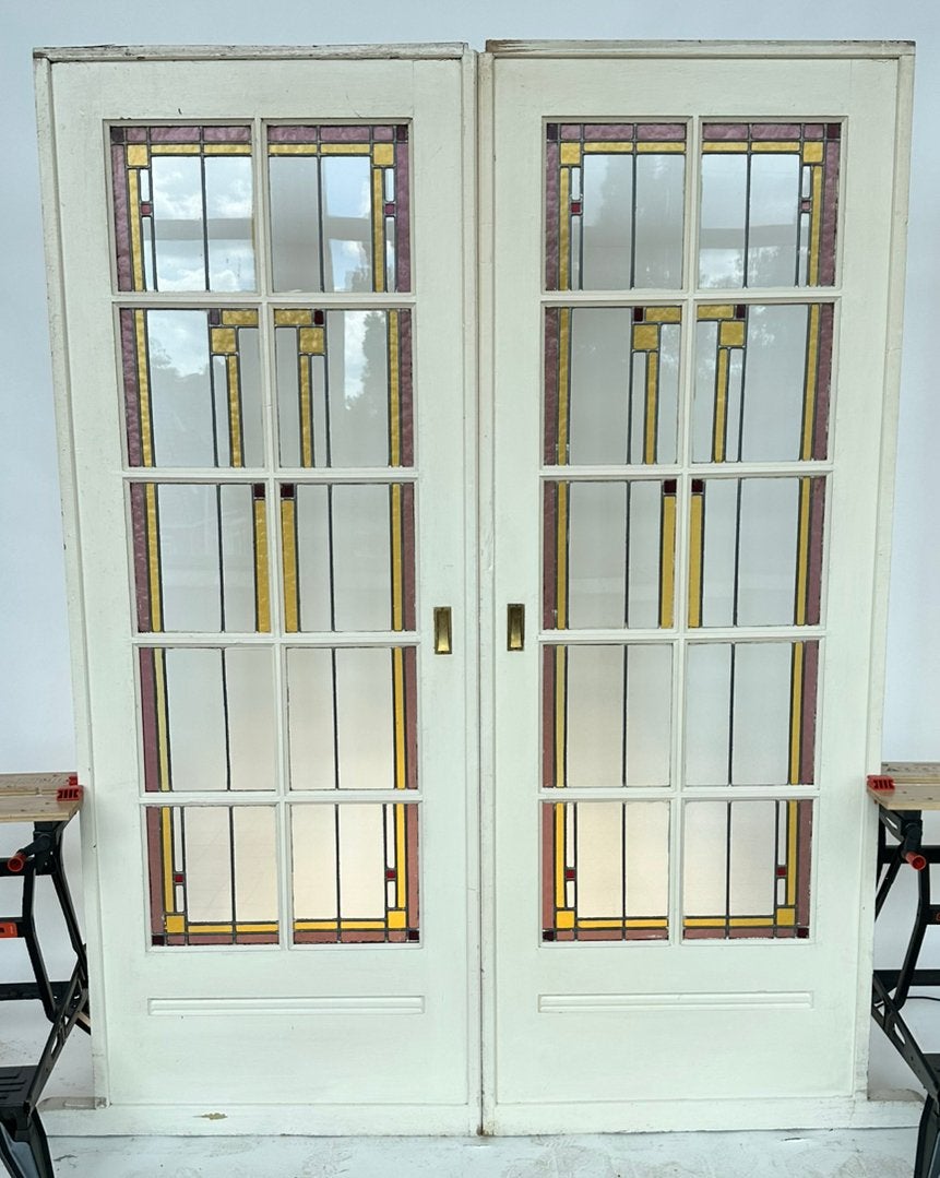 220x82,5 Set ensuite schuifdeuren met glas in lood jaren 20, Doe-het-zelf en Verbouw, Deuren en Horren, Ophalen, 80 tot 100 cm
