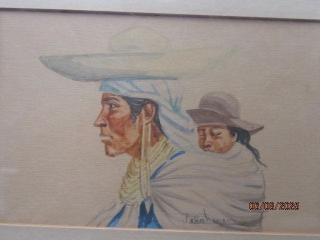 Mooie Aquarel EQUADORAANSE vrouw met kind o/d schouder, Ophalen of Verzenden