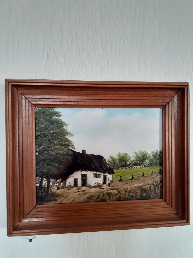 2 Schilderijtjes: Hollandse Landschappen met Boerderijen, Ophalen