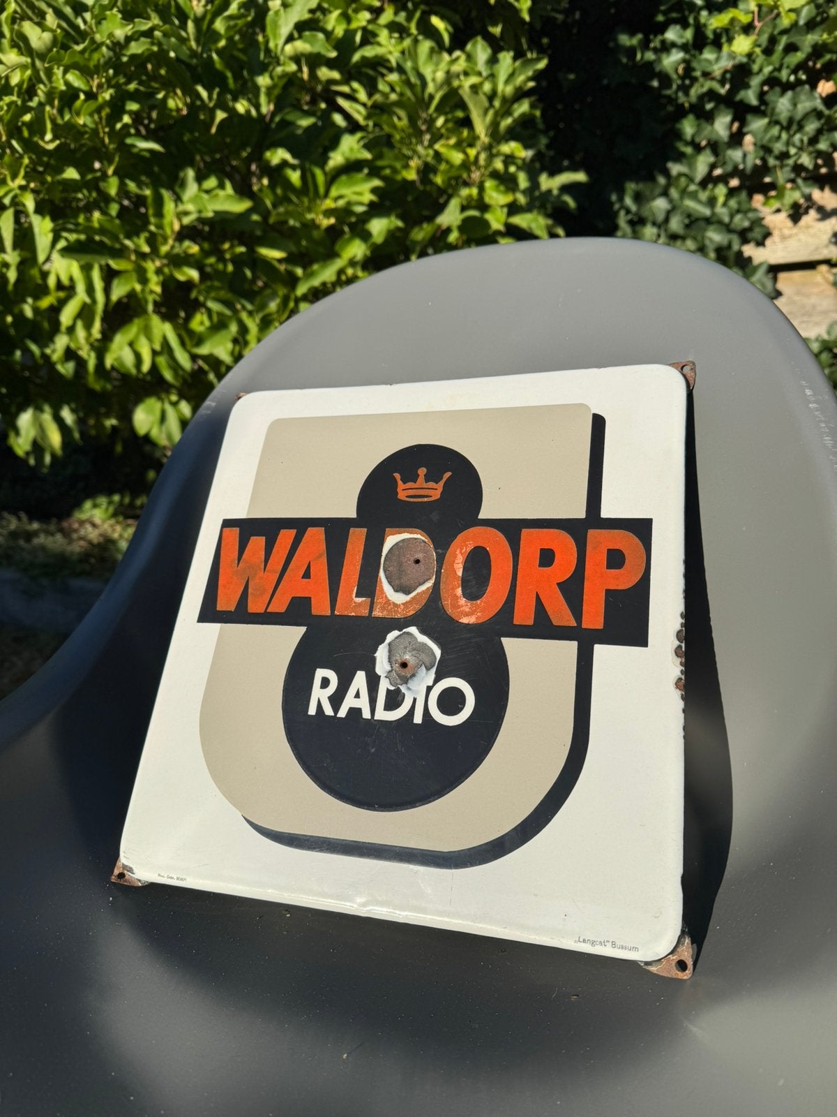 Emaille bord Waldorp Radio Langcat Bussum Octr 1935, Verzamelen, Ophalen, Gebruikt, Reclamebord