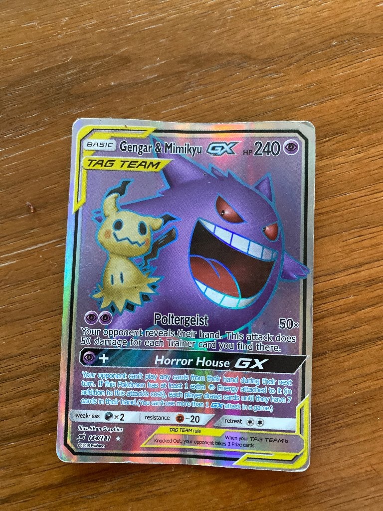 Pokémon kaart Gengar & Mimkyu, Ophalen of Verzenden, Zo goed als nieuw, Losse kaart, Foil