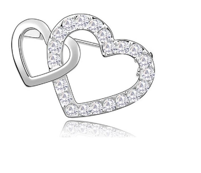 Broche twee harten verbonden witgoud kristallen wit-diamant, Met kristal, Overige materialen, Verzenden, Wit