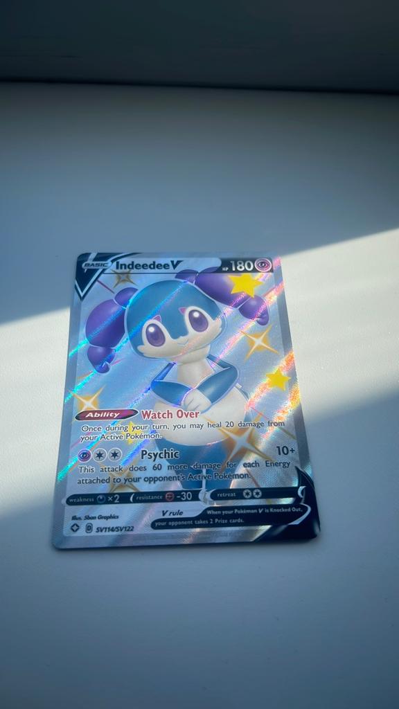 Shiny indeedee V pokemon kaart., Ophalen of Verzenden, Nieuw, Losse kaart