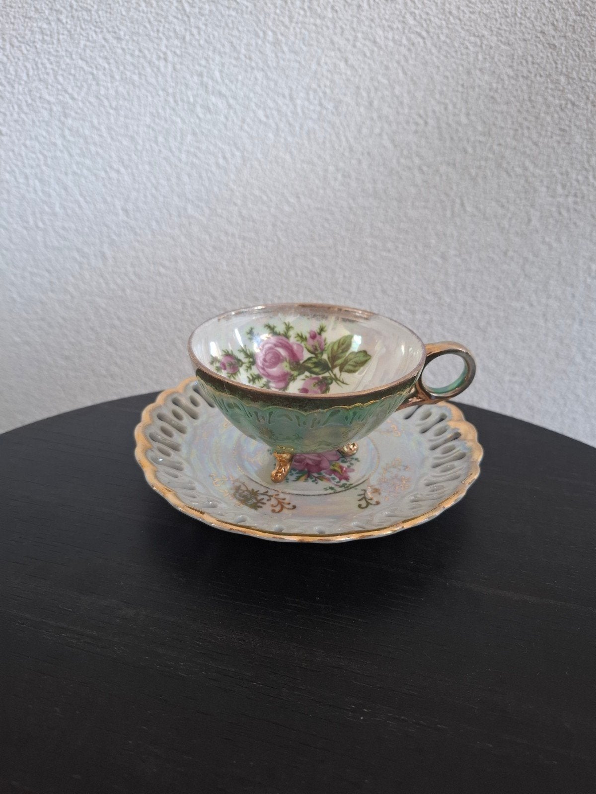 Vintage theekopje met schotel - Rozenmotief, Ophalen of Verzenden