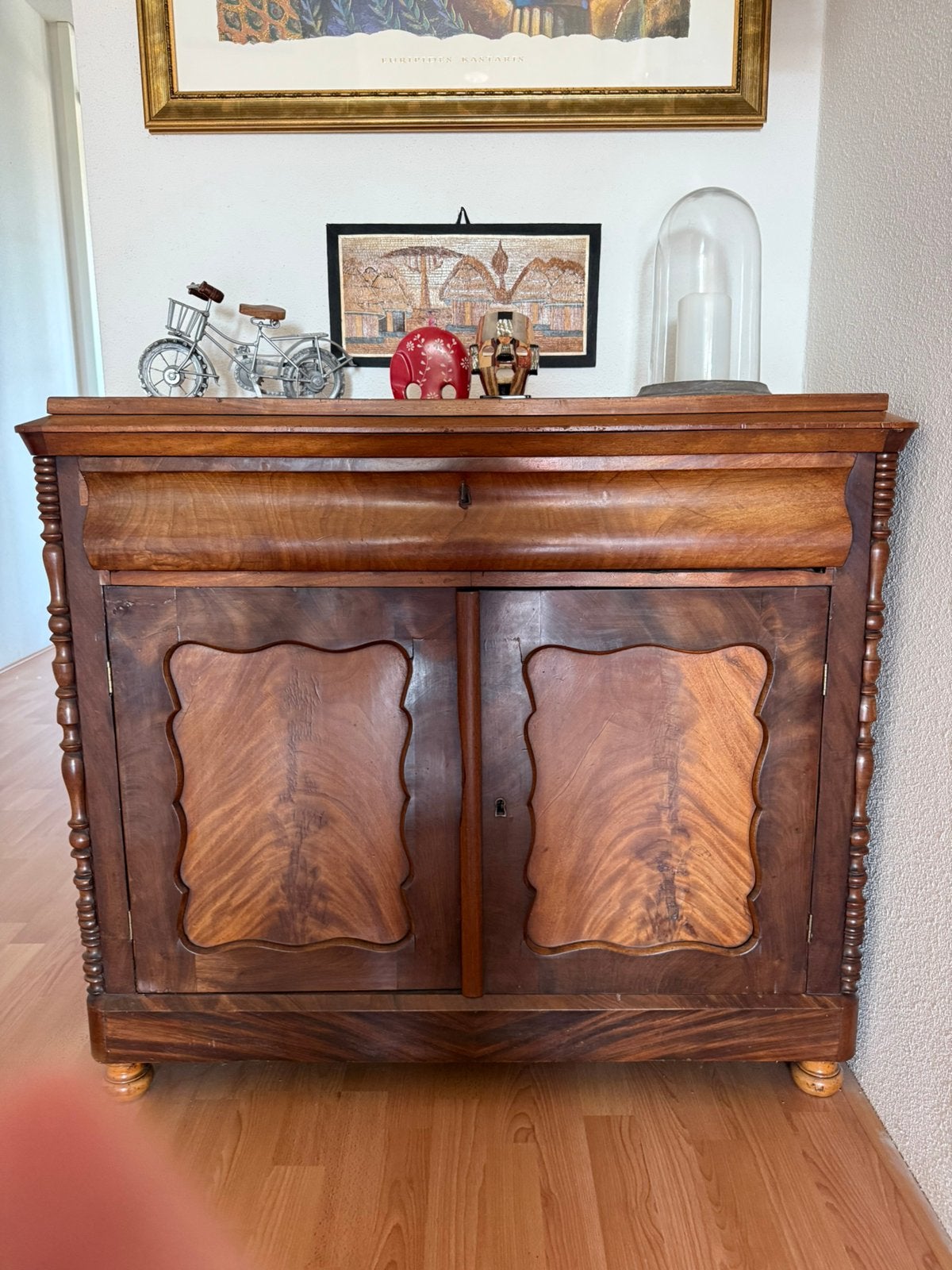 Antieke mahonie ladekast met gevlamd fineer – ca. 1900, Antiek en Kunst, Antiek | Meubels | Kasten, Ophalen