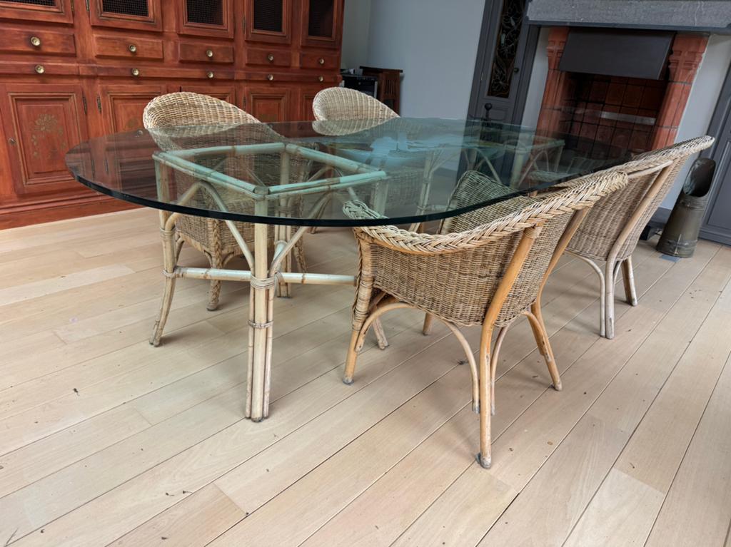 Mooie glazen tafel op bamboe poten met rieten stoelen, Ophalen, Gebruikt, Overige materialen, 2 zitplaatsen