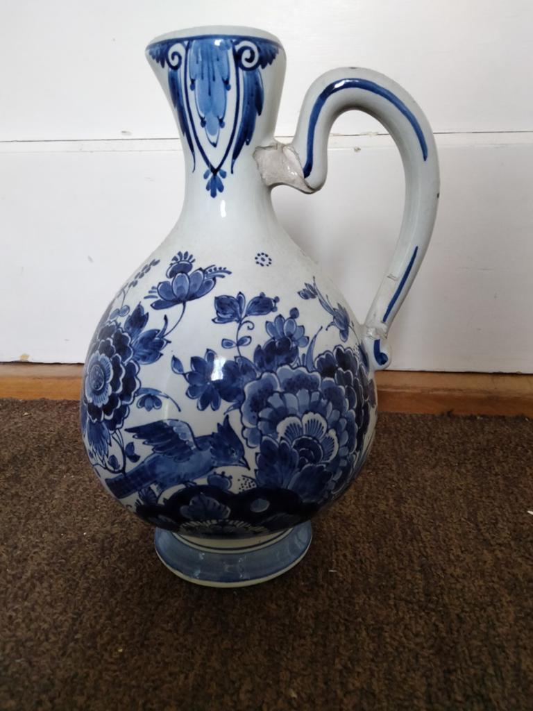 Antieke Delfts Blauwe Kan met Bloemen en Vogeldecor, Antiek en Kunst, Ophalen of Verzenden