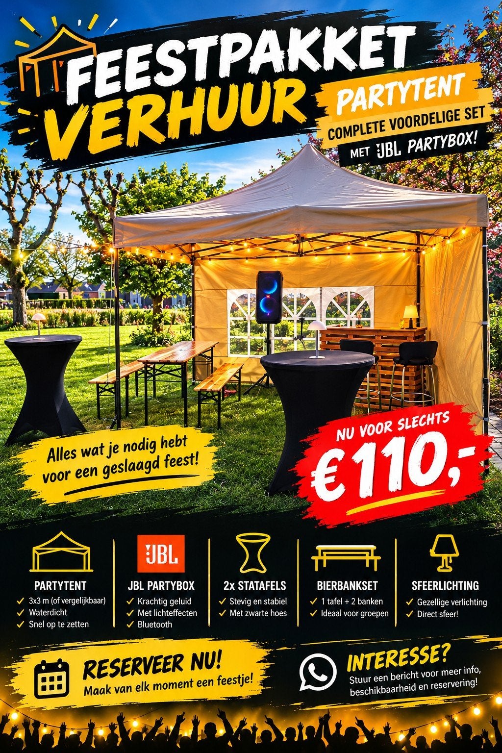 Partytent verhuur complete voordelige set met JBL Partybox, Ophalen