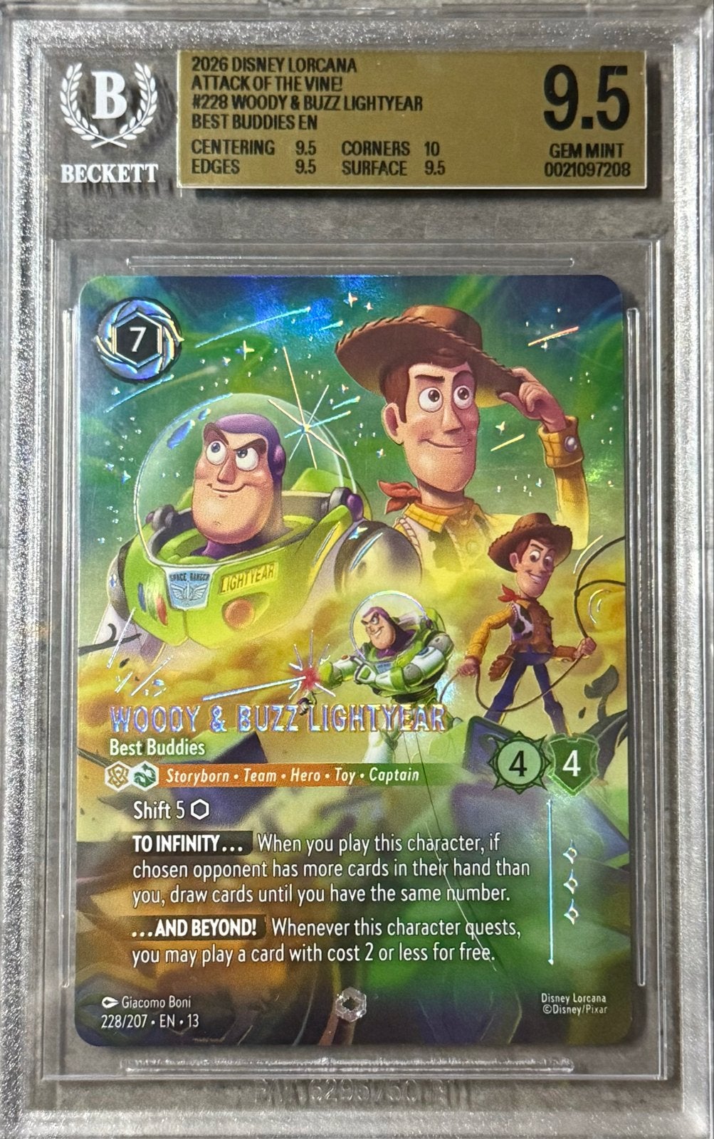 Disney Lorcana Woody & Buzz Lightyear 228/207 Beckett 9.5, Ophalen of Verzenden, Zo goed als nieuw, Losse kaart, Foil