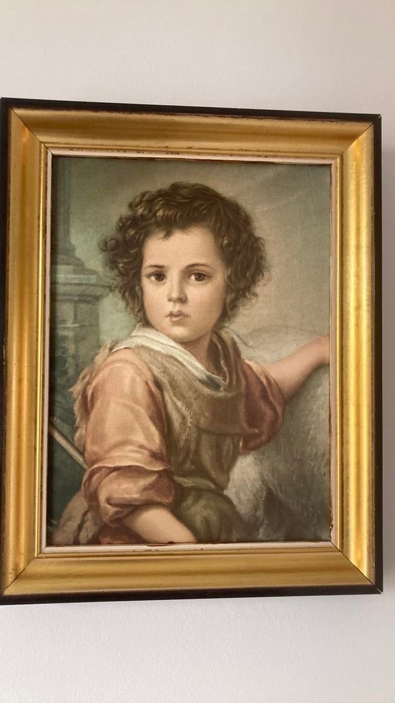 Vintage prent, De Goede Herder, op zijde ingelijst, Antiek en Kunst, Kunst | Schilderijen | Klassiek, Ophalen of Verzenden