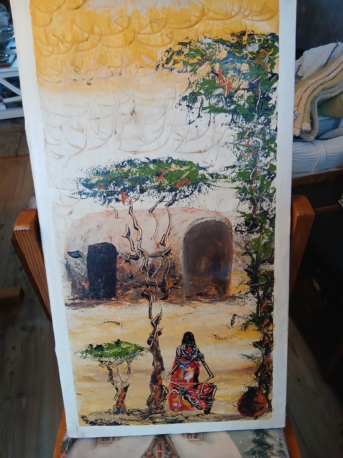 Afrikaans Landschap Schilderij - Handgeschilderd, Antiek en Kunst, Landschap, Gesigneerd, Ophalen of Verzenden, Olieverf