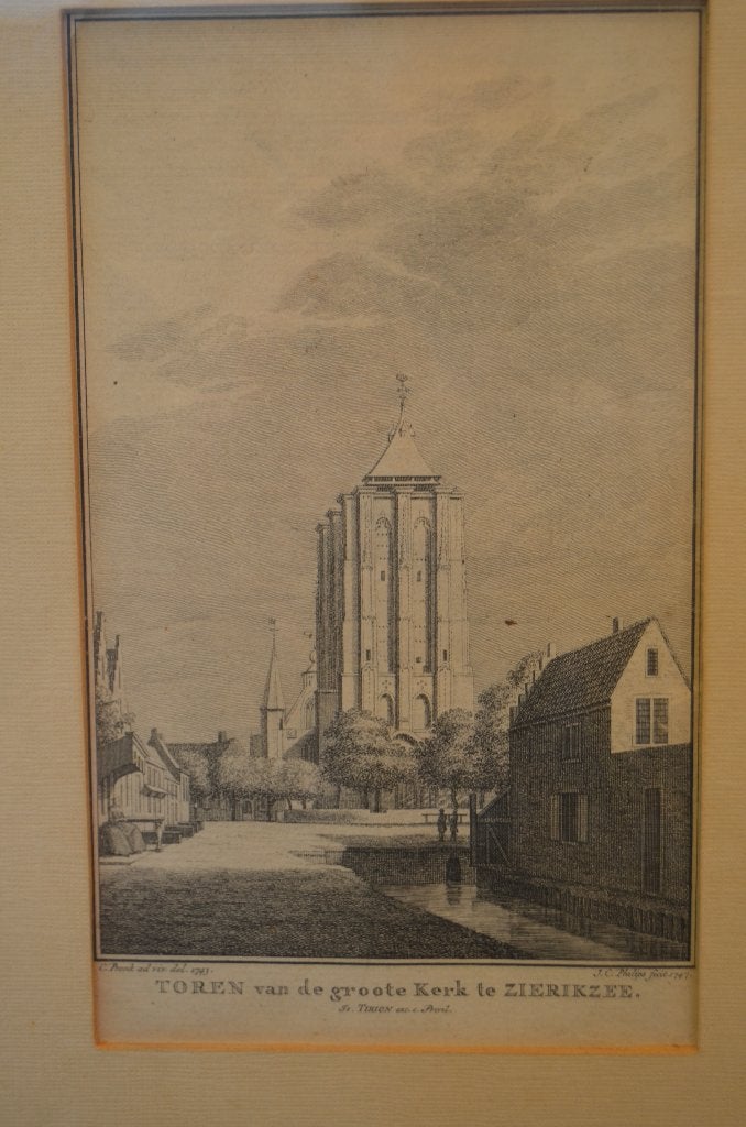 Ets Toren vd Grote Kerk Zierikzee Tirion 1747, Ingelijst, 30 cm, Ets, Stadsgezicht