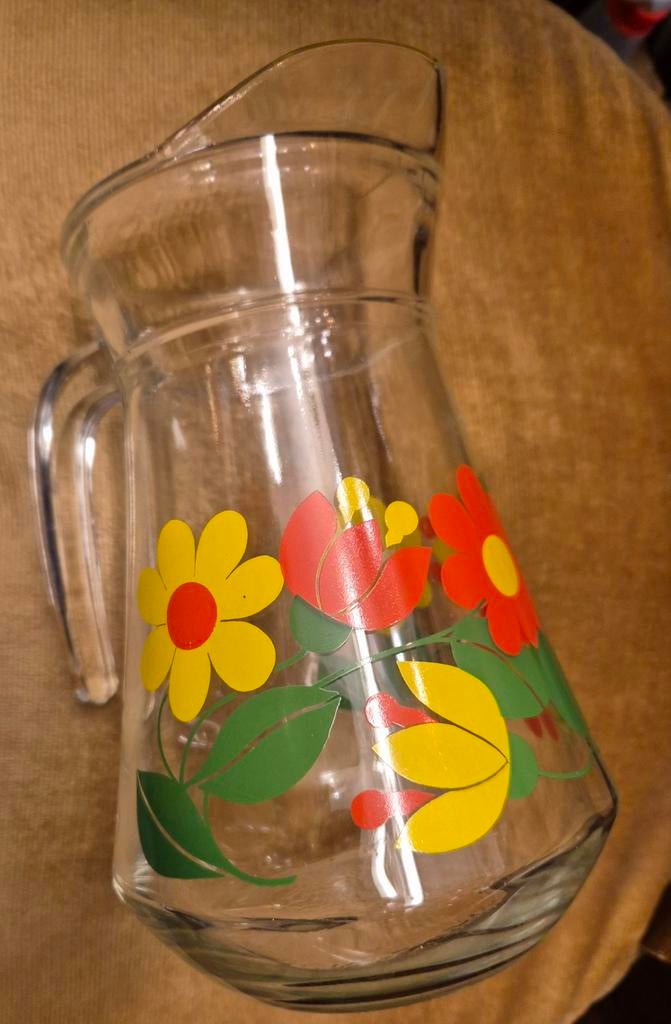 Vintage Glazen Sap Kan met Bloemenprint jaren70/80, Ophalen of Verzenden, Huis en Inrichting
