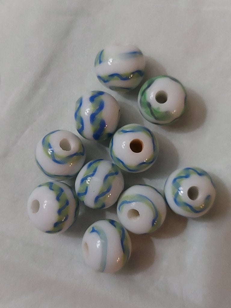 Wit met groen/blauw bewerkte murano glaskralen, Verzenden, Nieuw, Kraal
