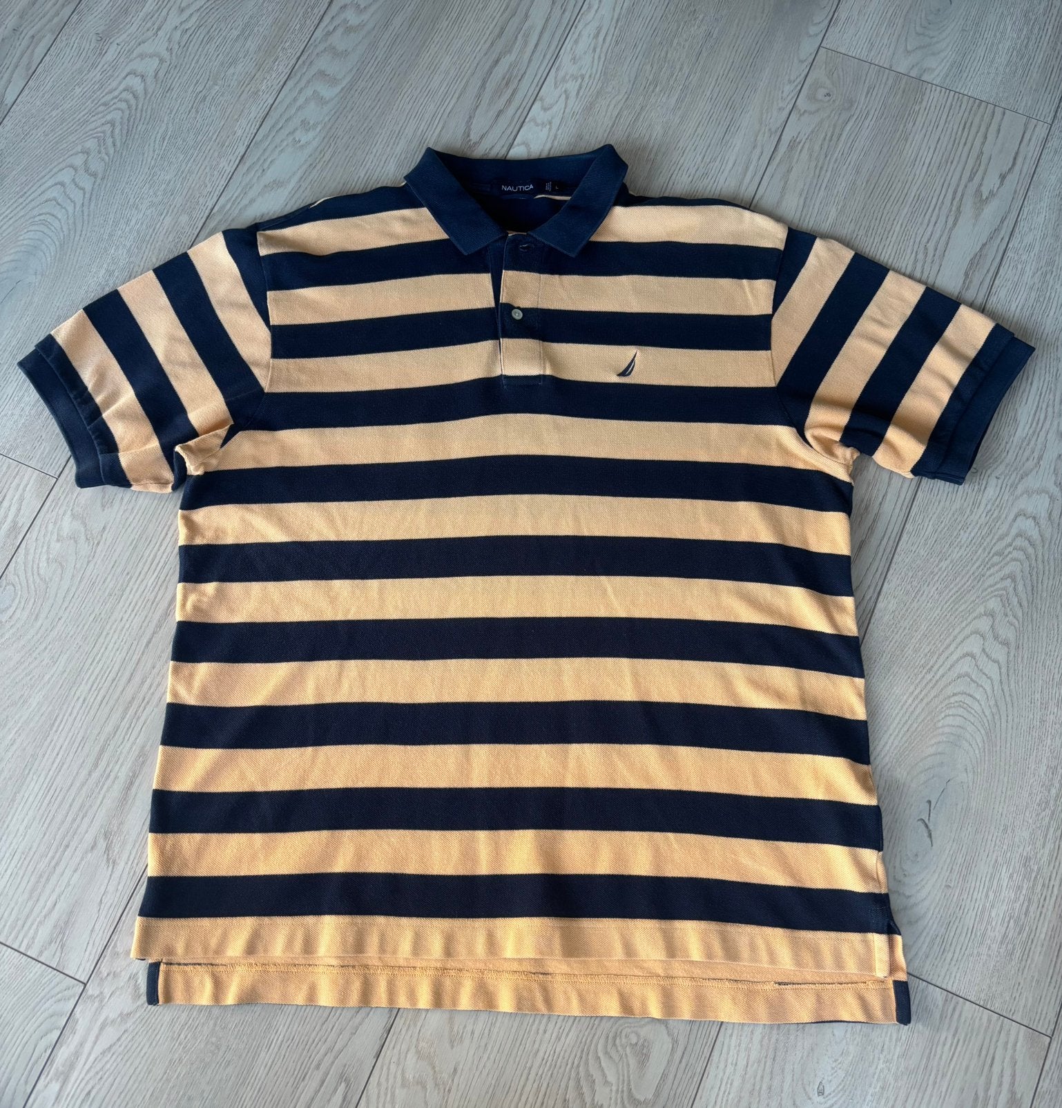 Poloshirt Nautica maat L beige/donkerblauw, Ophalen of Verzenden, Zo goed als nieuw, Maat 52/54 (L), Beige