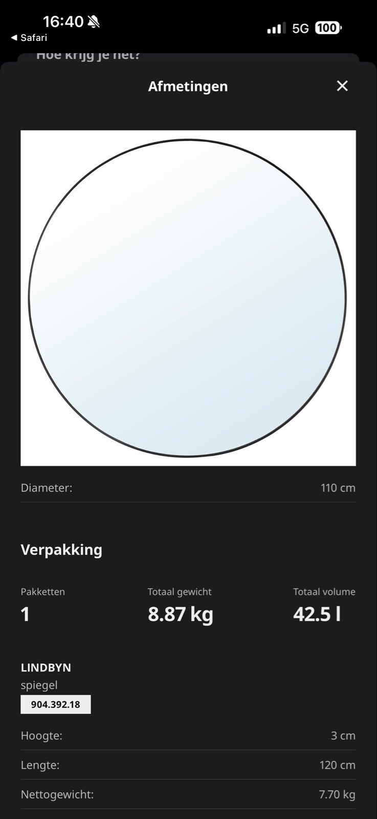 Nieuwe IKEA LINDbyn spiegel, rond, 110 cm, zwart, Ophalen, 100 tot 150 cm, Rond, Nieuw