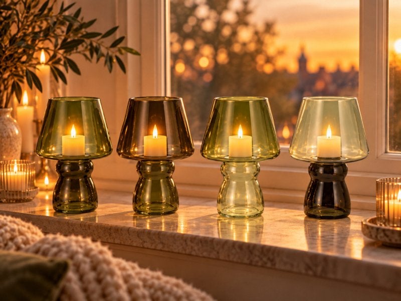 Set van 4 windlichten of vazen mosgroen glas 25cm hoog VdlM, Windlicht, Overige merken, Nieuw, Ophalen of Verzenden