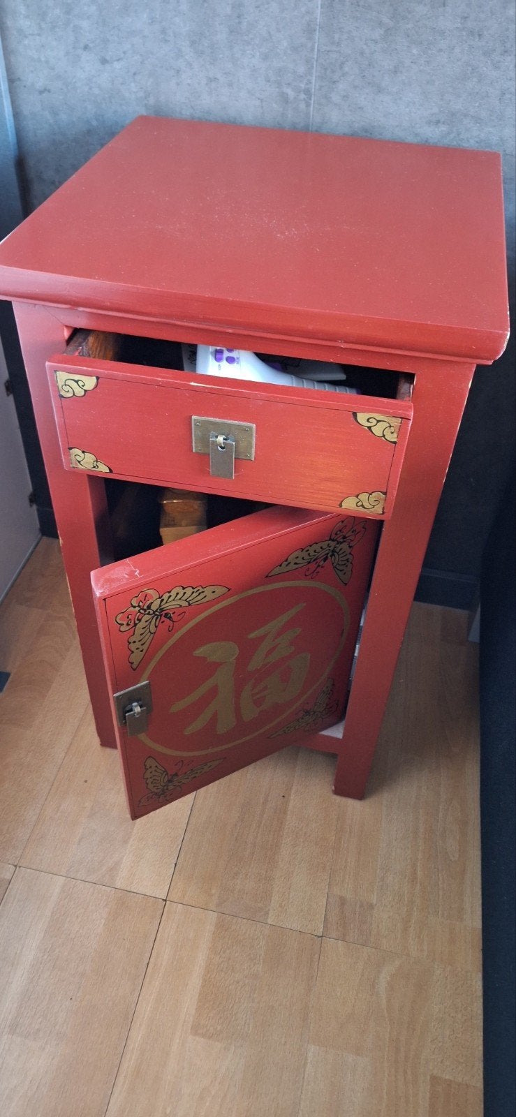 Rood Chinees nachtkastje met lade en kastje, Ophalen
