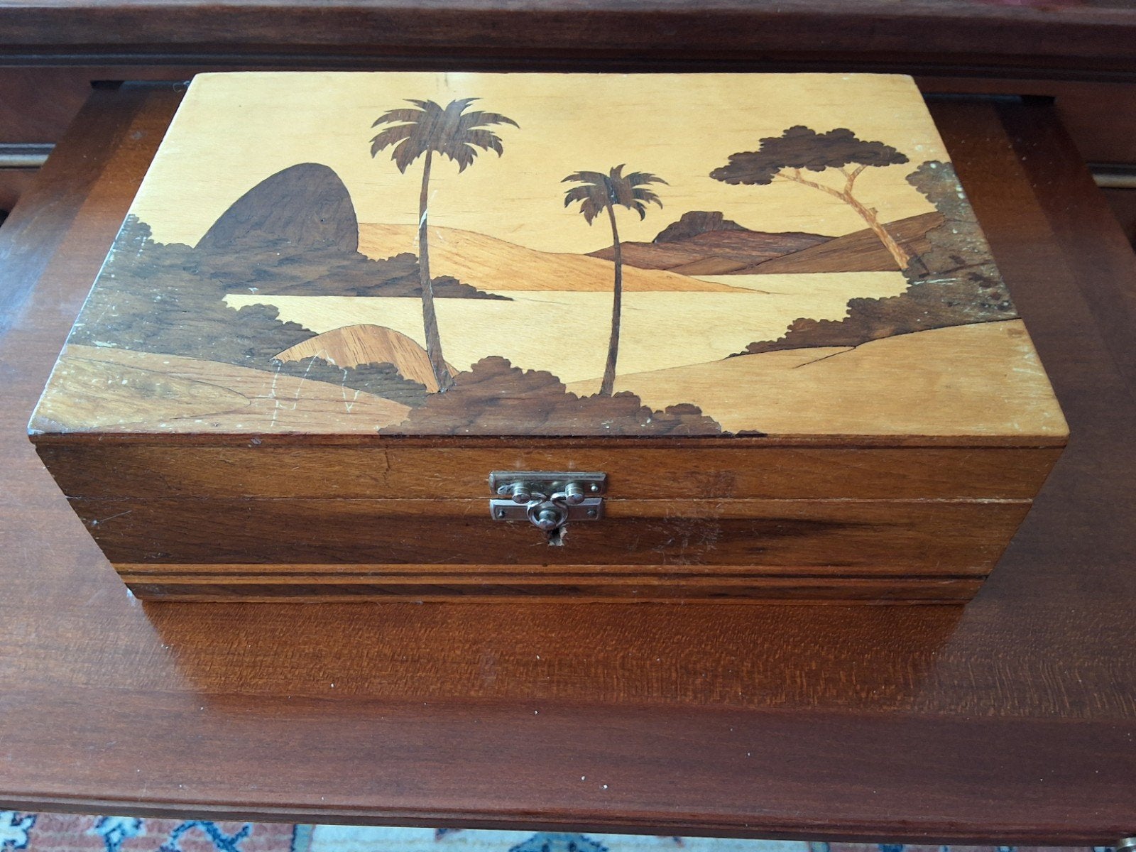 Vintage Houten Doos met Marqueterie Tropisch Landschap, Ophalen of Verzenden
