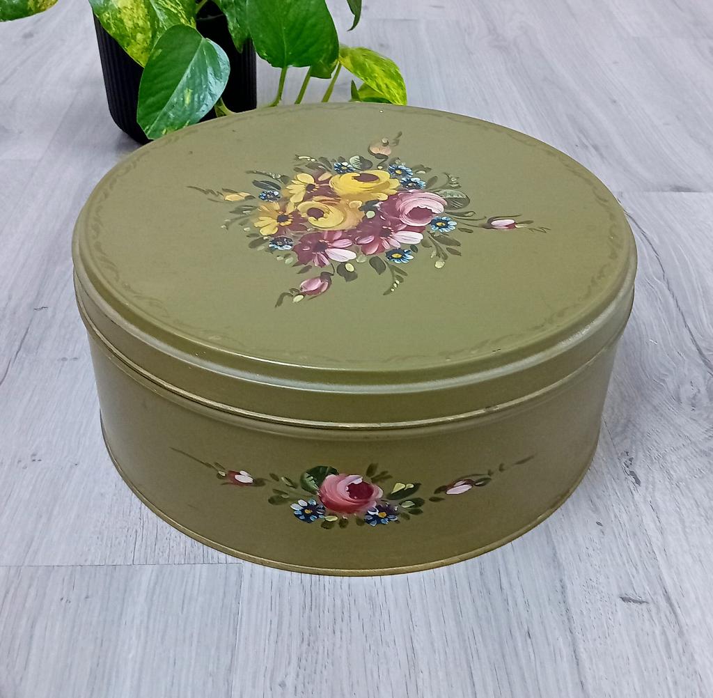 prachtige rond blik met bloemen, handbeschilderd, Verzamelen, Blikken, Ophalen of Verzenden, Overige