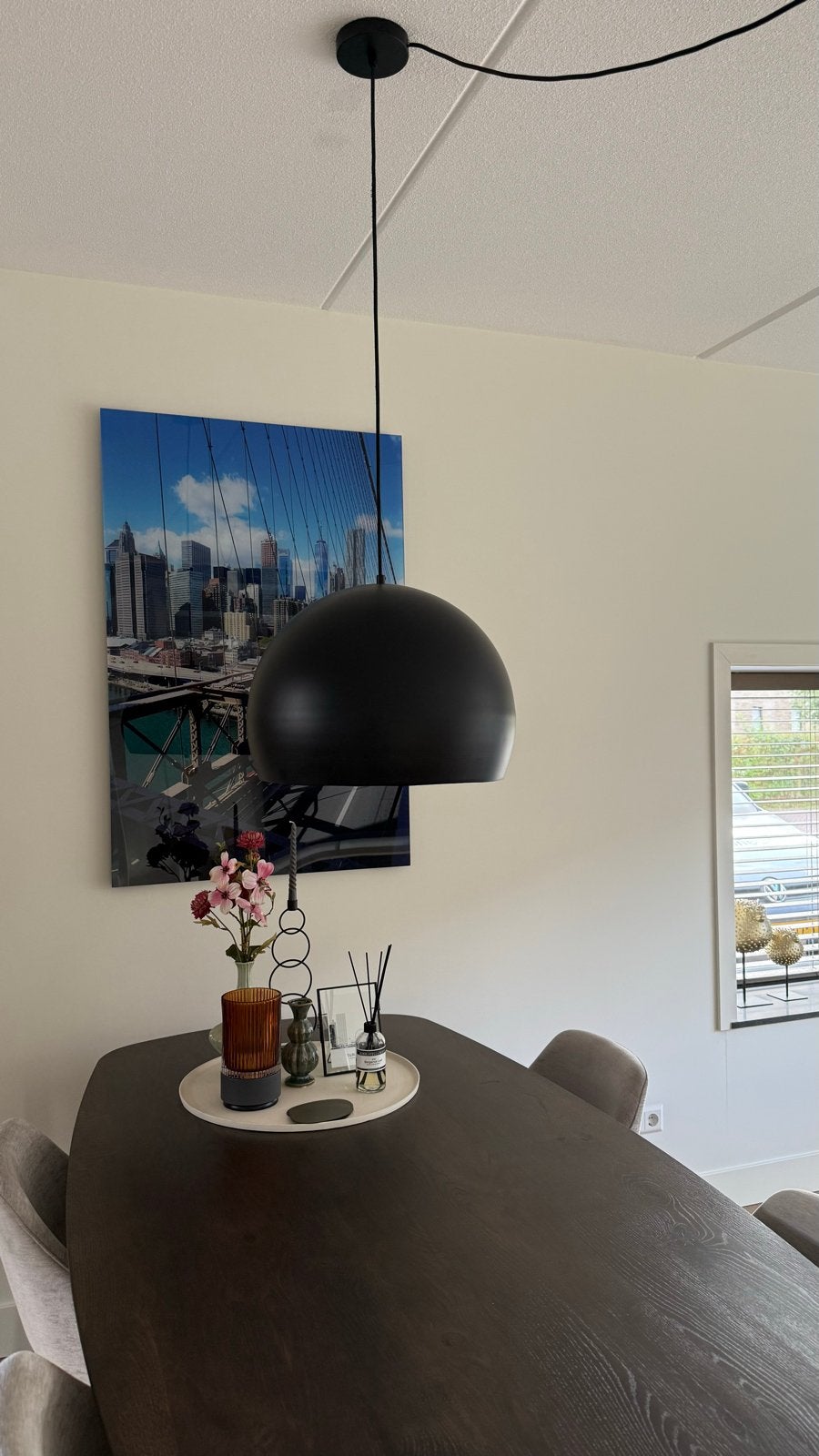 Moderne Zwart-Gouden Hanglamp, Ophalen, Zo goed als nieuw, Metaal, E27 (groot)