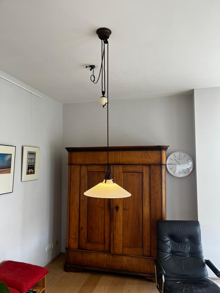 Antiek retro hanglamp glas lamp plafond hoogte verstelbaar, Antiek en Kunst, Antiek | Lampen, Ophalen of Verzenden