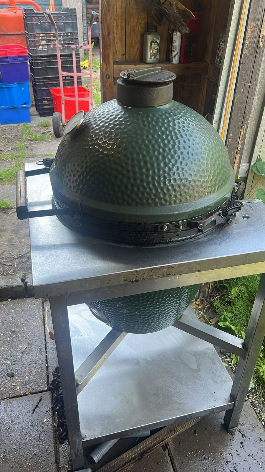 Big green egg L met rvs tafel, Tuin en Terras, Houtskoolbarbecues, Ophalen, Zo goed als nieuw
