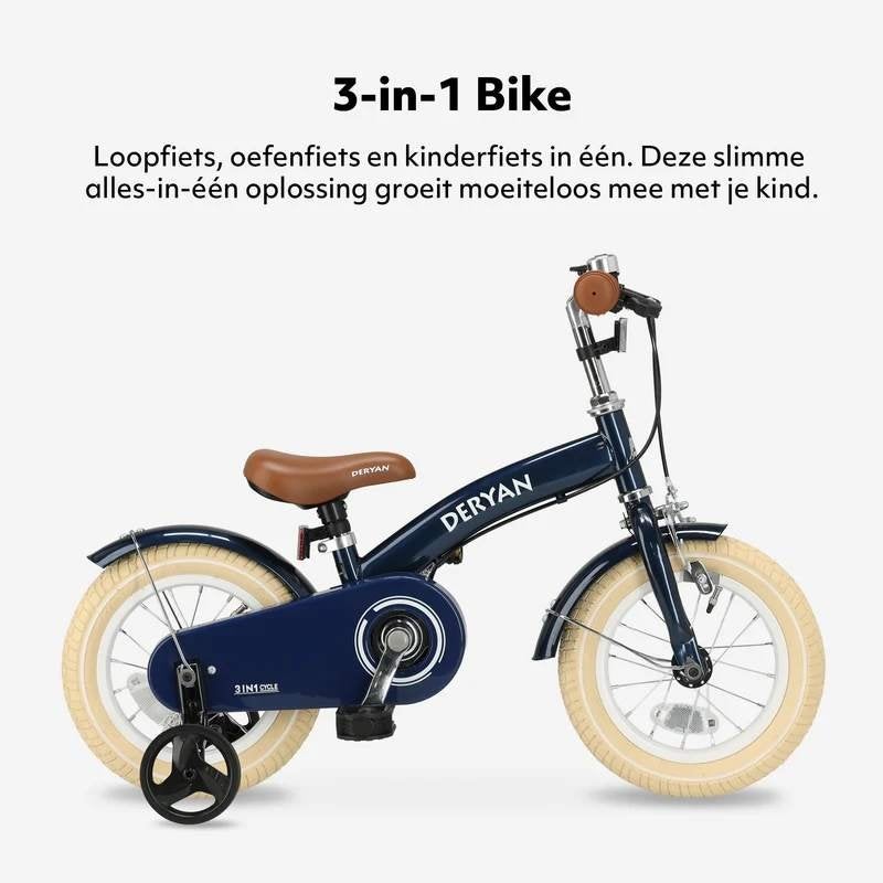 Deryan Luxe Kinderfiets 12 inch - 3 in 1 - loopfiets Blauw, Ophalen of Verzenden, Nieuw, Loopfiets
