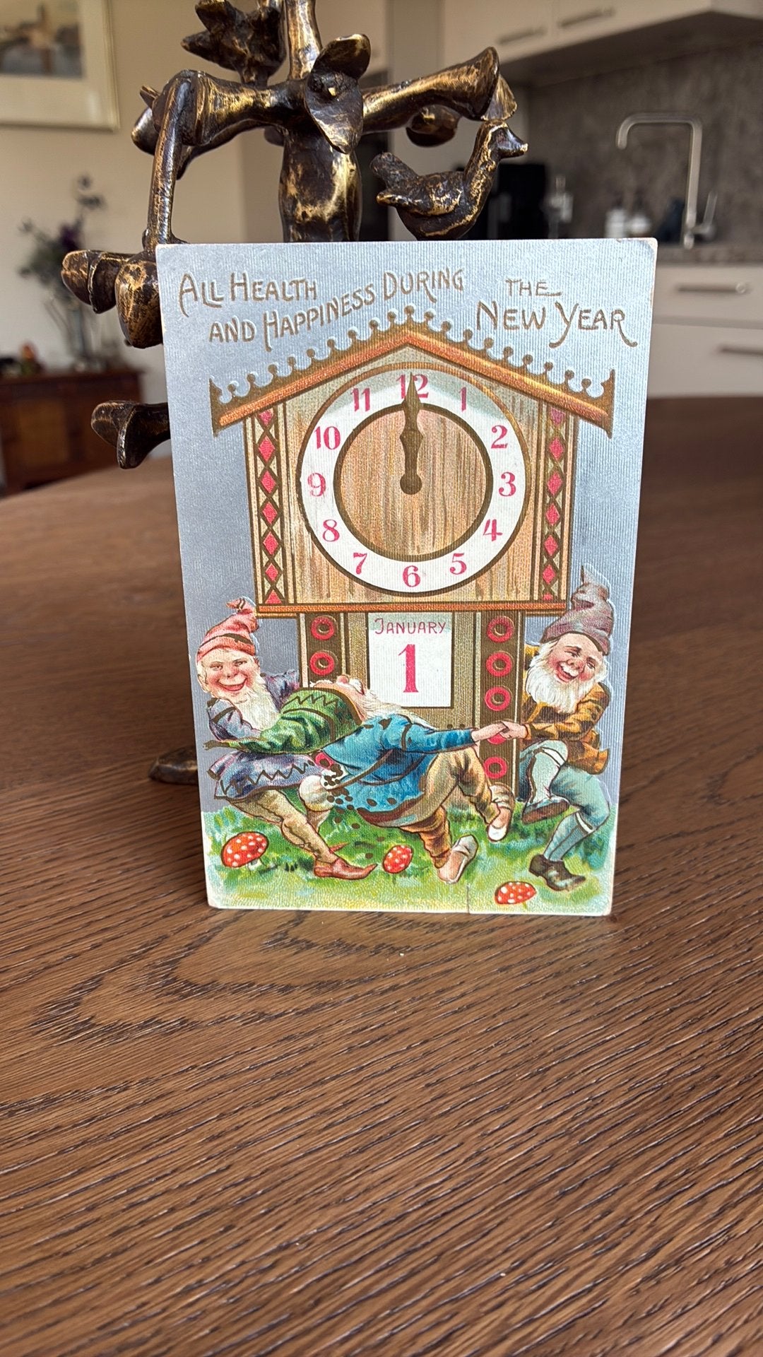 1 januari.Kabouters dansen om klok,paddestoelen. 1908.zilver, Ophalen of Verzenden, 1960 tot 1980, Gelopen