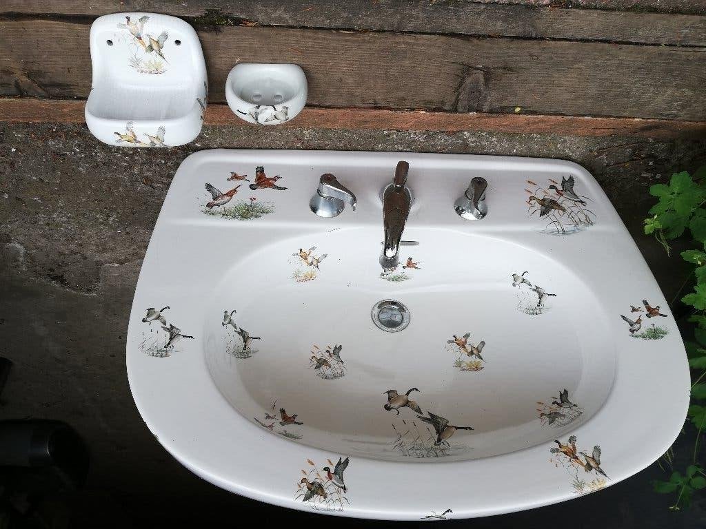 Franse wastafel op zuil prachtig decor verschillende VOGELS, Ophalen