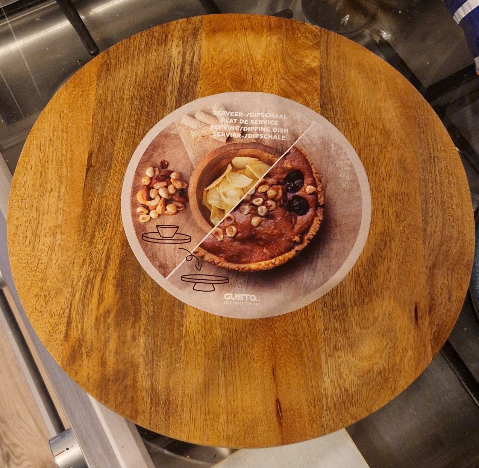 Nieuwe ronde houten borrelplank met dipschaaltje, Ophalen, Hout, Snij-/serveerplank, Nieuw
