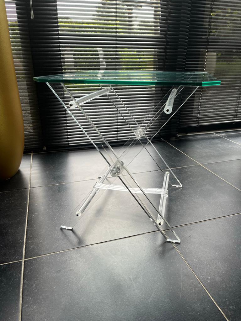 Plexiglas tafel met glazen blad, Ophalen, Gebruikt, 50 tot 100 cm, Glas