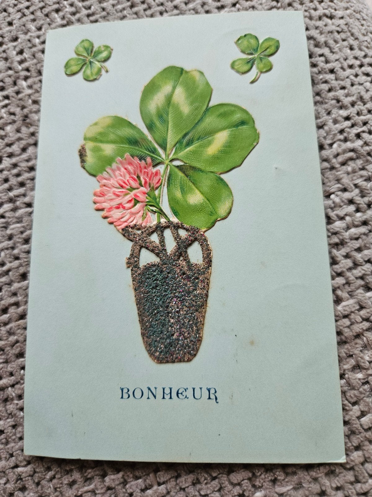 klavertje vier - Bonheur glitter vaas, Verzamelen, Ophalen of Verzenden, Voor 1920, Gelopen