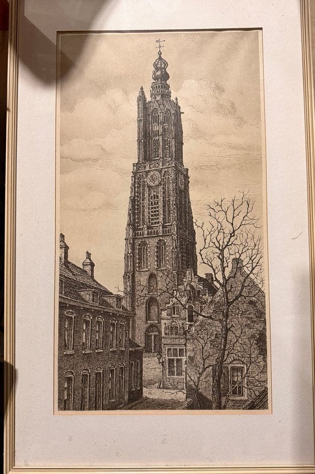 Ets van de Onze Lieve Vrouwekerk Amersfoort - Ingelijst, Ingelijst, Ets, Stadsgezicht, Ophalen of Verzenden