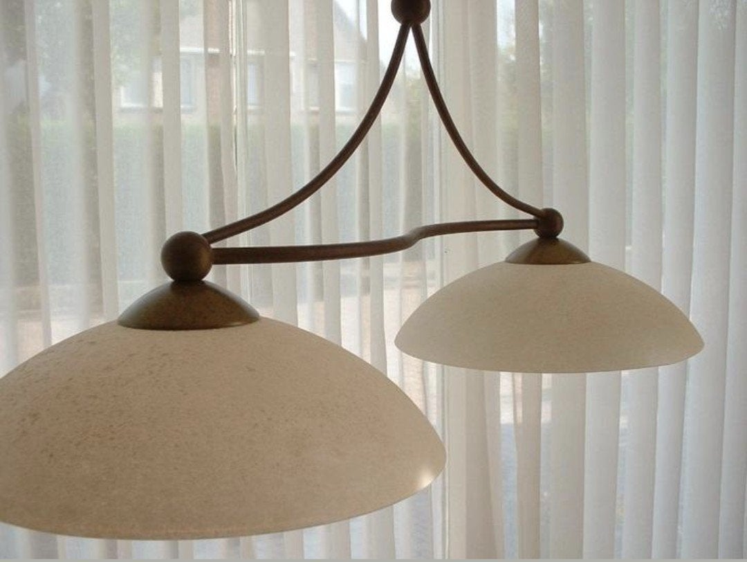 Grote eetkamerlamp met 2 schalen van melkglas., Ophalen of Verzenden, Glas