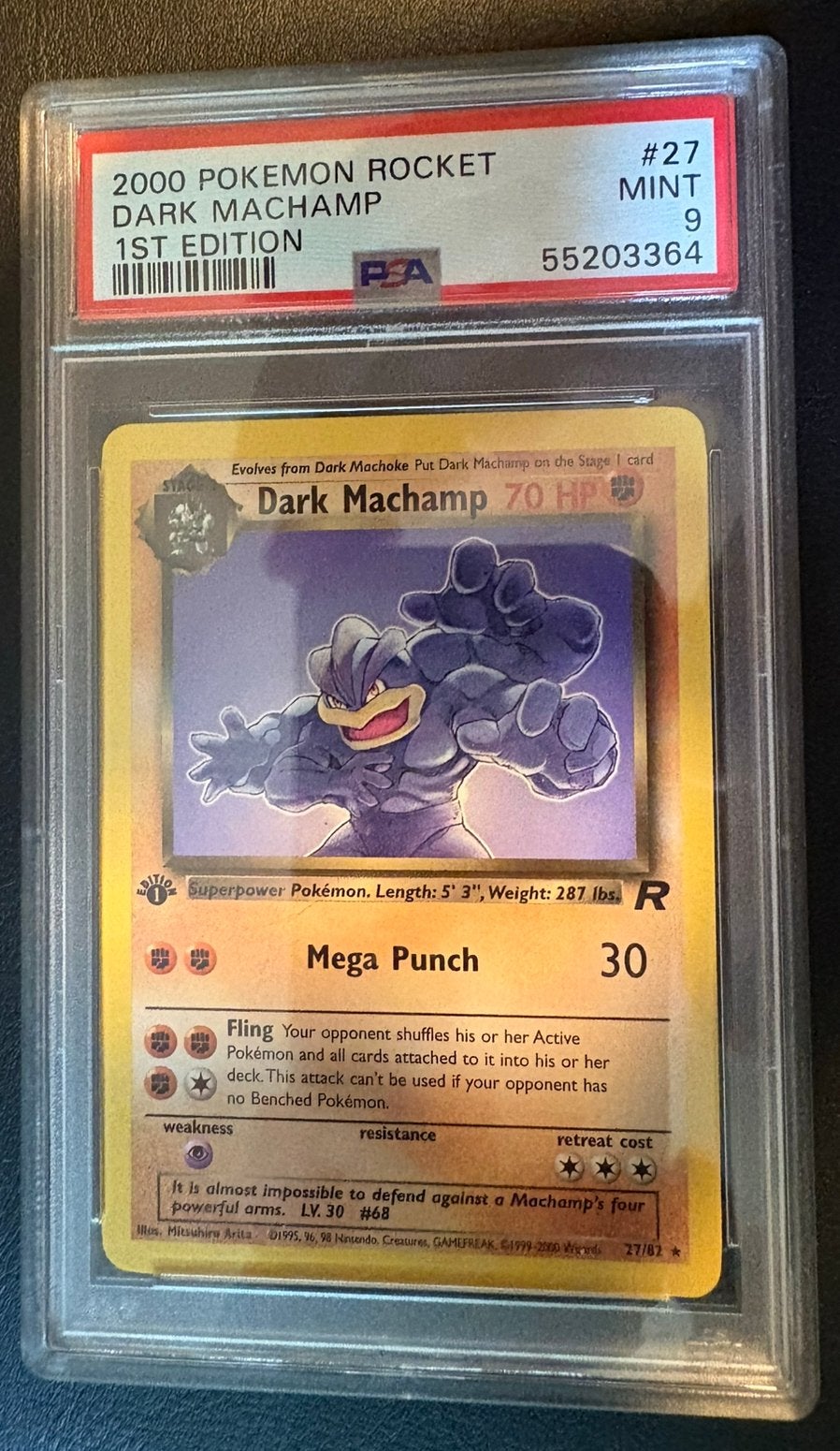 Dark Machamp PSA9 - 1st 27/82 Team Rocket / Pokemon kaart, Hobby en Vrije tijd, Ophalen of Verzenden, Zo goed als nieuw, Losse kaart
