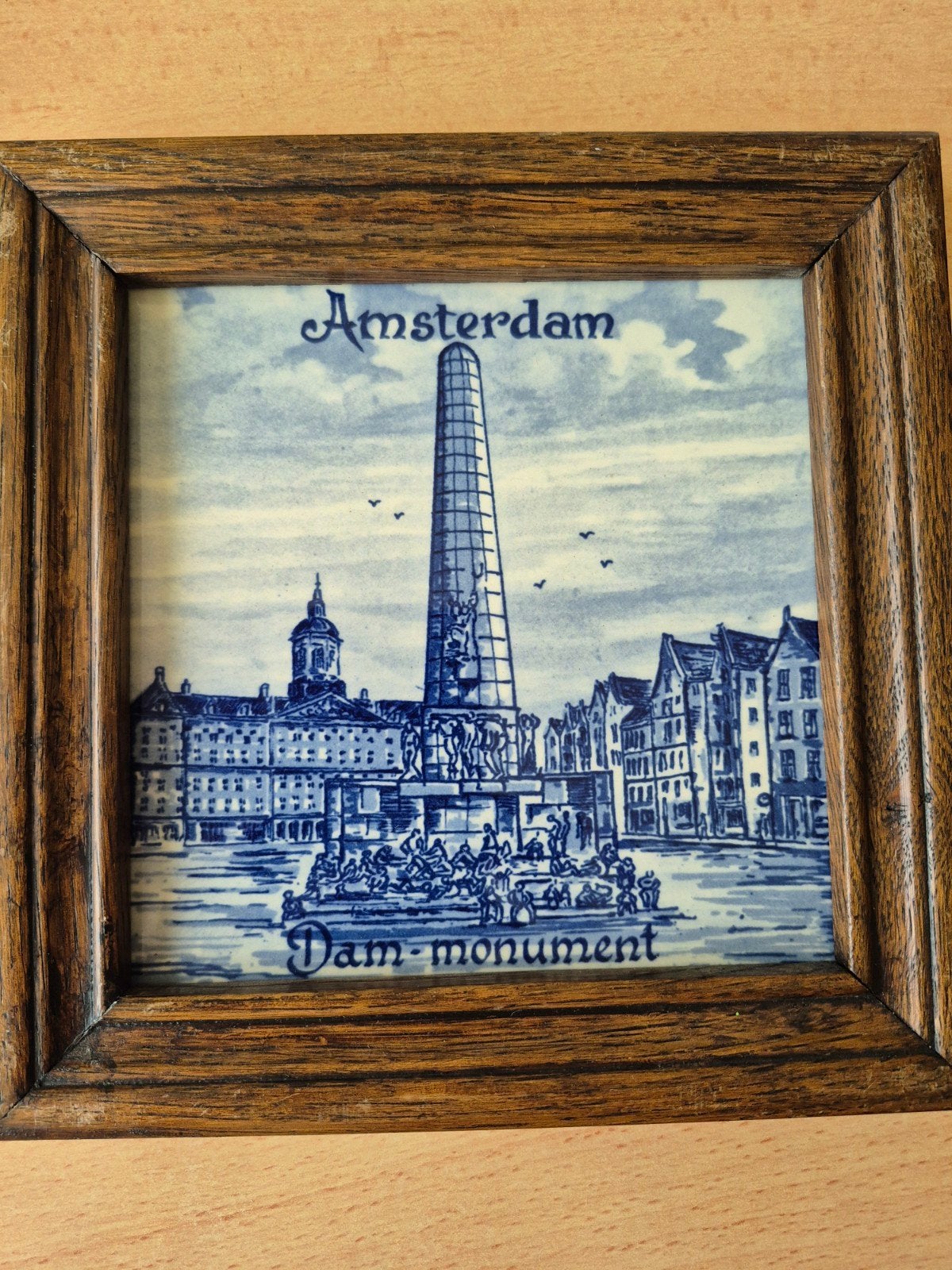 Vintage Delfts Blauw Tegel Amsterdam Dam-monument 15x15 cm, Antiek en Kunst, Ophalen of Verzenden
