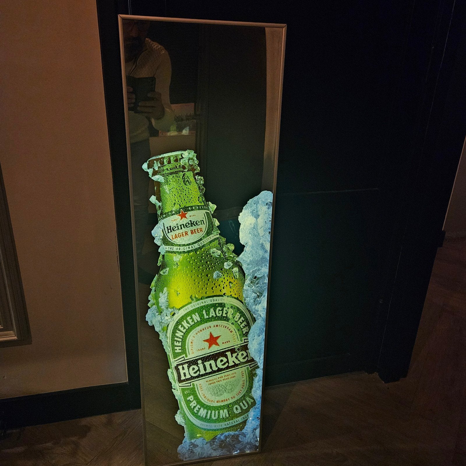 Heineken Lichtbak /spiegel Bierfles in ijs, Ophalen, Gebruikt, Lichtbak of (neon) lamp
