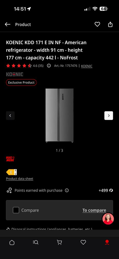 KOENIC KDD 171 E IN NF - Amerikaanse koelkast, Ophalen, 200 liter of meer, 60 cm of meer, Met aparte vriezer